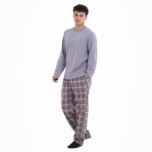 Men Fall Pajama Set Light Grey Buttoned Sweatshirt + Maroon x Light grey checkered Pants